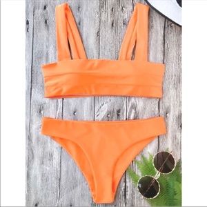 Padded Wide Straps Bandeau Bikini Set Orange